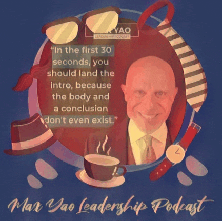 a poster for the max yao leadership podcast shows a man in a suit and tie