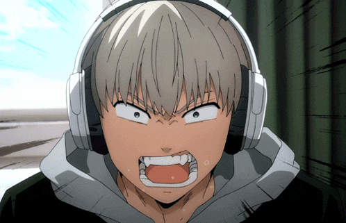 a cartoon character wearing headphones with a very angry look on his face