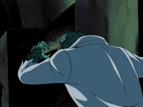 a cartoon character with a white coat and green claws