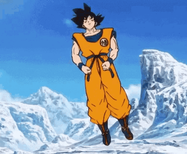 goku from dragon ball z is jumping in the air in front of mountains .