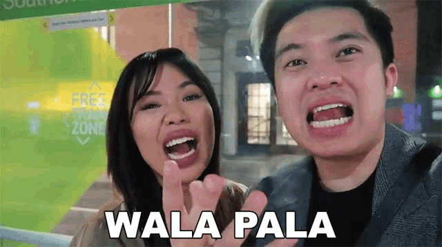 a man and a woman are standing next to each other with their mouths open and the woman says wala pala
