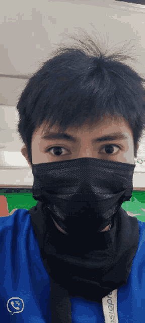 a man wearing a black mask and a blue shirt with a phone icon on the front