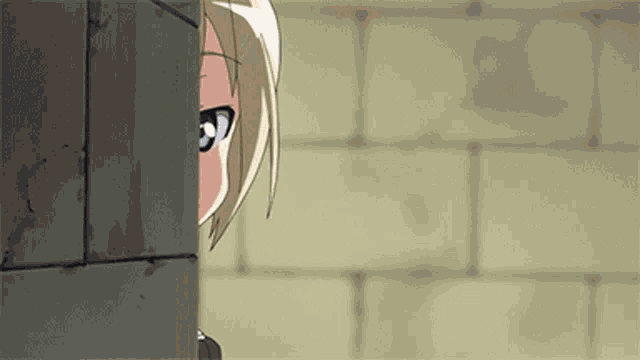 a cartoon character peeking out from behind a wall