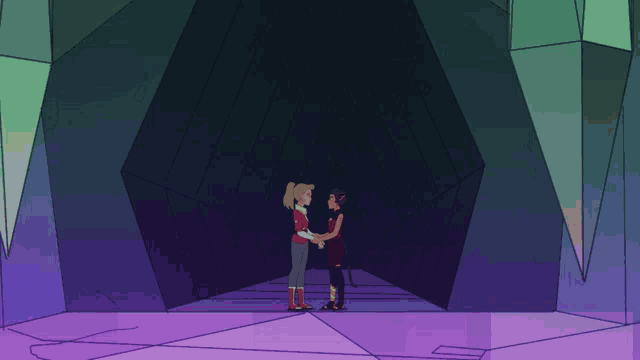 a couple of cartoon characters are standing in a dark room