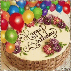 a birthday cake decorated with flowers and balloons with the words happy birthday written on it .