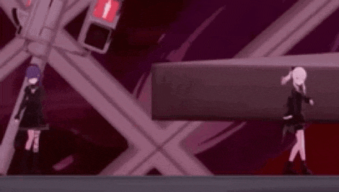 two anime girls are standing next to each other in front of a red light .