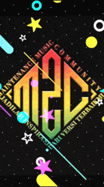 an intense music community logo is surrounded by colorful shapes