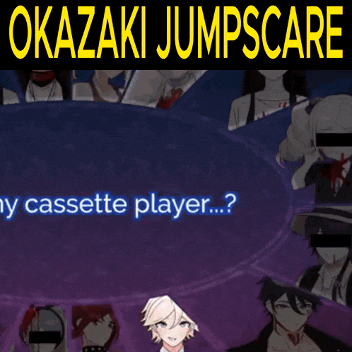 a cartoon of a man with a scarf around his neck and the words " okazaki jumpscarf " below him
