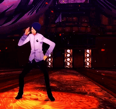 a man in a purple shirt is dancing in a room
