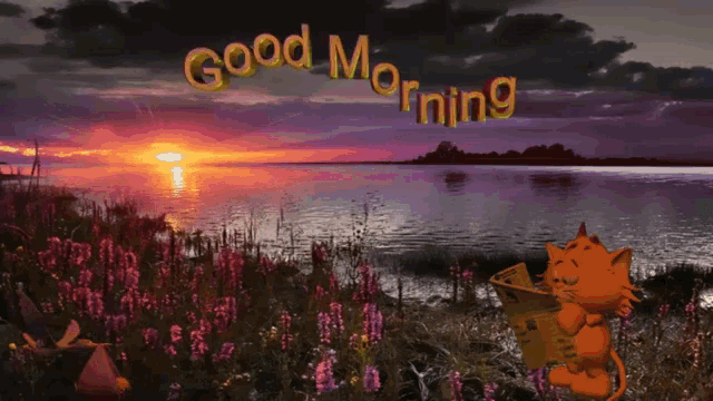 a cartoon cat is carrying a baby and the words good morning are visible in the background