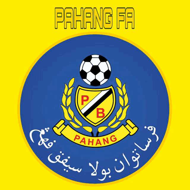a yellow and blue logo for pahang fa with a soccer ball