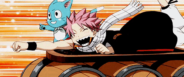 a boy is laying on a wooden barrel with a cat behind him