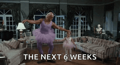 a man in a purple tutu is dancing with a little girl in a living room with the next 6 weeks written in the corner