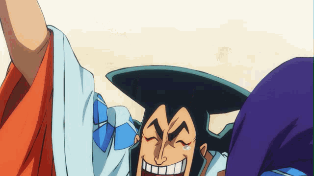 a cartoon character is laughing with his eyes closed and his arm up