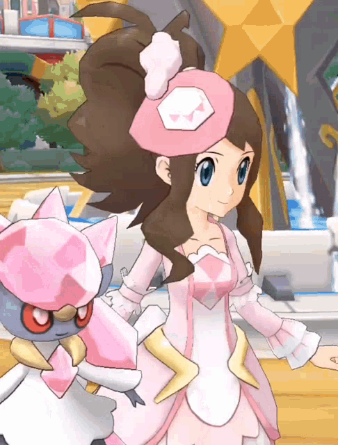 a girl in a pink dress is standing next to a cartoon character