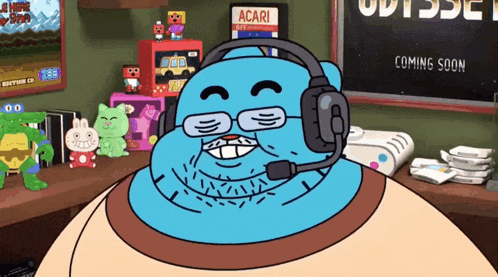 a cartoon character wearing headphones with a sign that says " acari " in the background