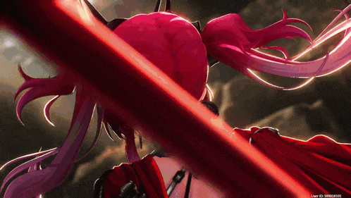 a girl with red hair is holding a red sword