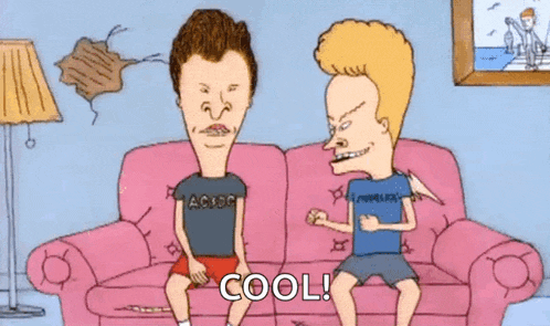 two cartoon characters , beavis and butthead , are sitting on a couch talking to each other .