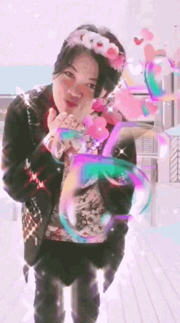 a woman with a flower crown on her head blowing bubbles
