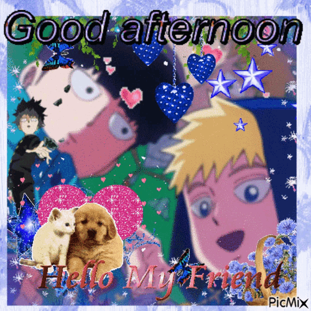 a collage of anime characters with the words good afternoon hello my friend on the bottom