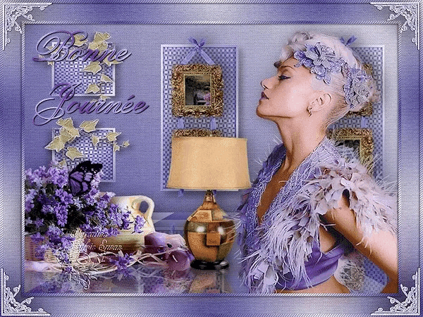 a picture of a woman in a purple dress with the words bonne journee on it