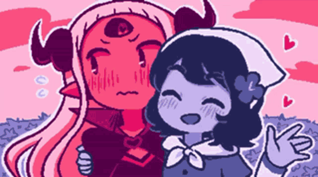 a cartoon of a girl with horns hugging another girl with one eye