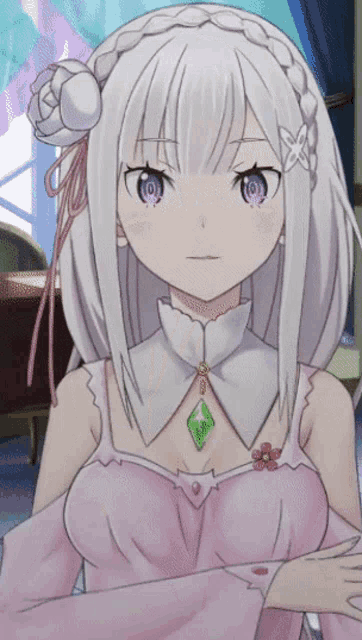 a girl with white hair and purple eyes is wearing a pink top