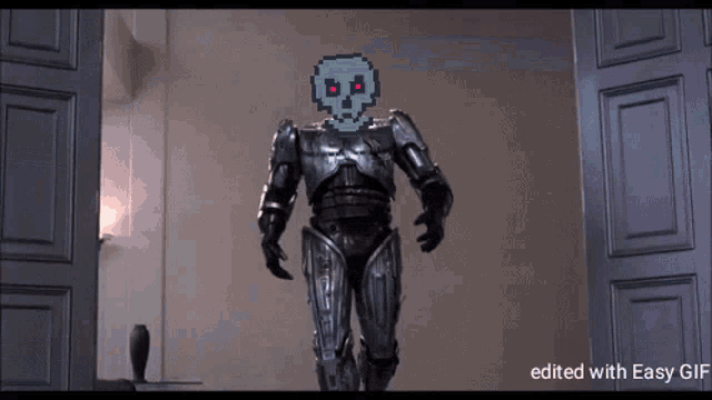 a gif of a robot with a skull on his face