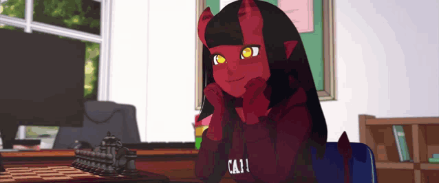 a girl with horns and a hoodie that says ca11