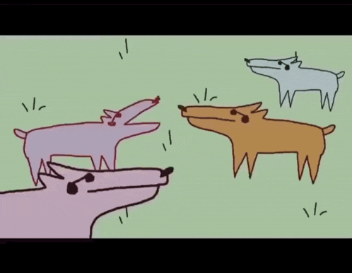 a cartoon of a group of dogs with the words " year i got legs what about you "