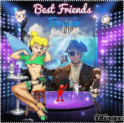 a cartoon of tinkerbell sitting on a stool with the words " best friends forever "