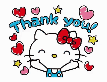 hello kitty is surrounded by hearts and stars and the words thank you .