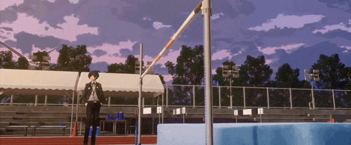 a person is standing on a high jump bar