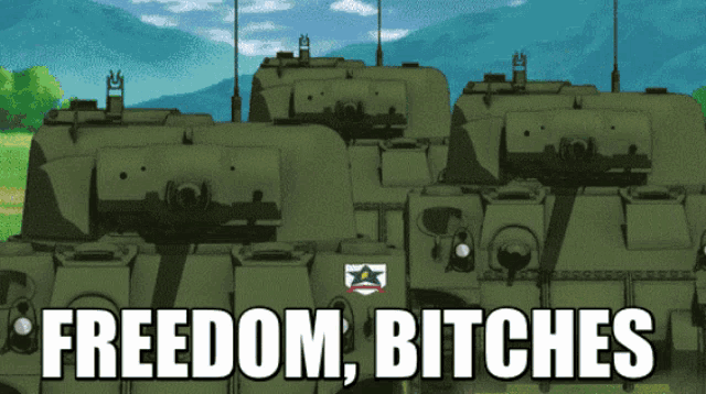 a bunch of green tanks with the words " freedom bitches " on top