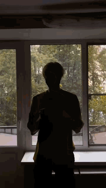 a silhouette of a man standing in front of a window in a dark room .