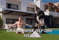 a man and a dog are sitting on the grass in front of a house . the dog is wearing a panda costume .