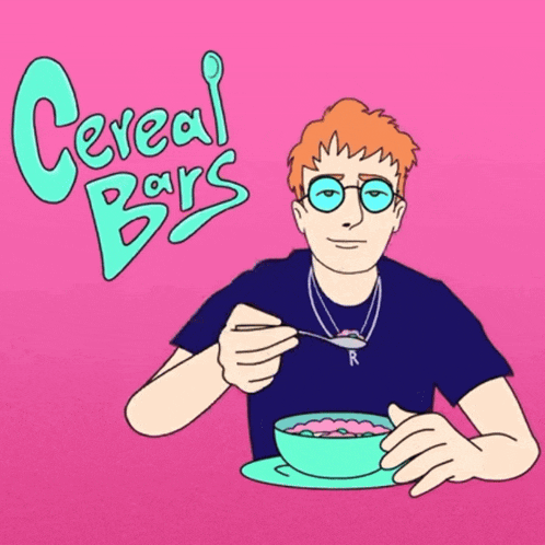 a cartoon of a man eating a bowl of cereal bars