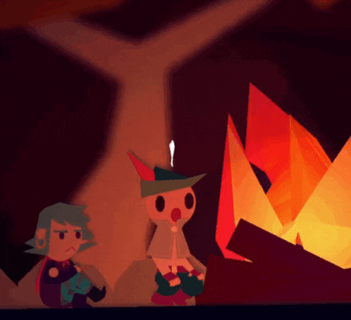 two cartoon characters sitting in front of a fire with a tree in the background