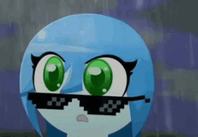 a cartoon character with blue hair and green eyes is wearing sunglasses and making a funny face .