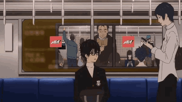 a man is sitting on a train with a sign that says ps4 on it