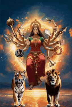 a painting of a goddess with a lion and a tiger