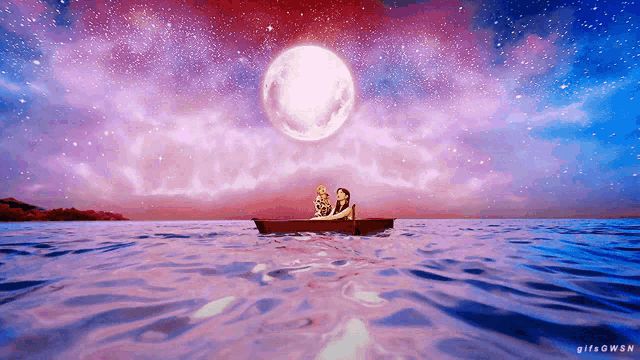 a painting of a couple in a boat in the ocean