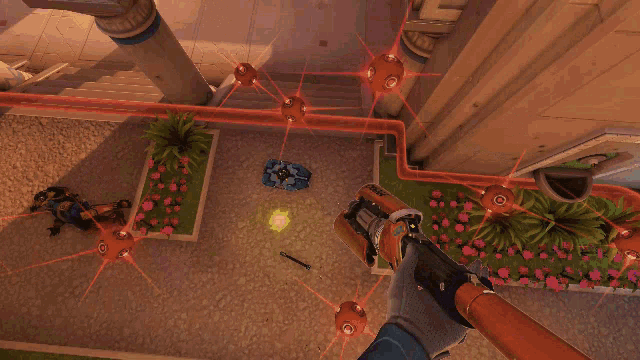 a computer generated image of a garden with flowers and a statue