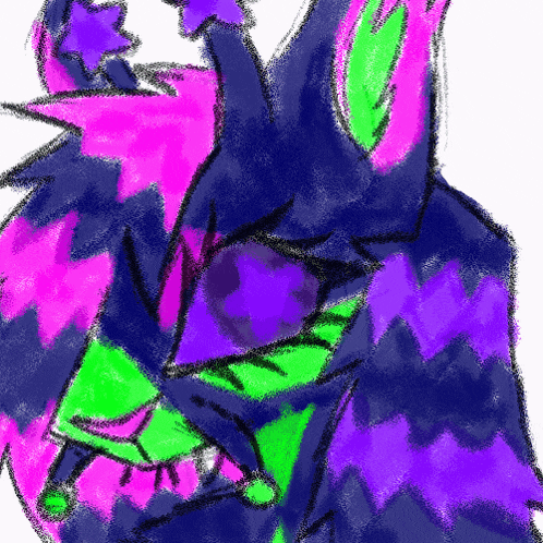 a colorful drawing of a rabbit with purple pink and green ears