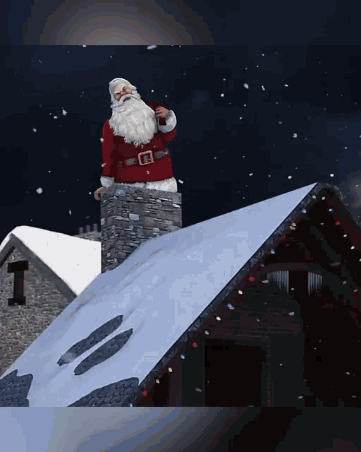 a cartoon of santa claus standing on top of a snow covered roof