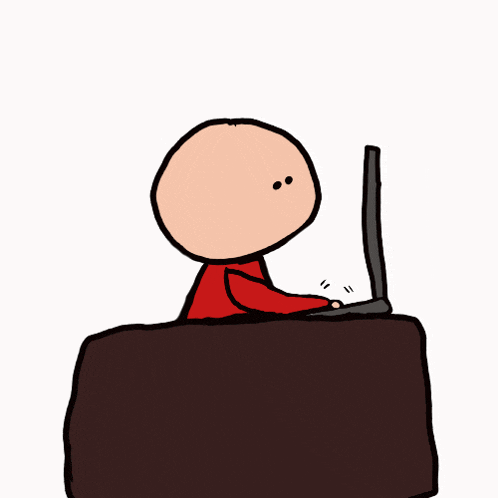 a drawing of a person sitting at a desk with a laptop in front of them