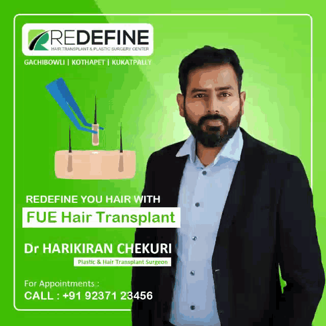 a man with a beard is standing in front of a green background that says redefine on it