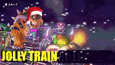 a cartoon character is riding a train with the words jolly train above it