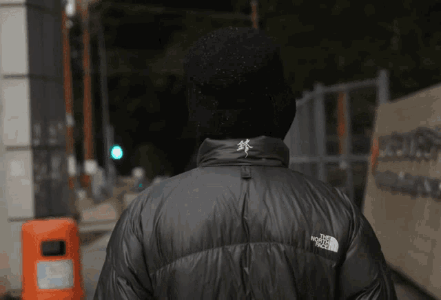 a person wearing a black jacket that says the north face on the back