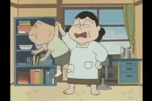 a cartoon of a woman holding a child in her arms with a bookshelf in the background